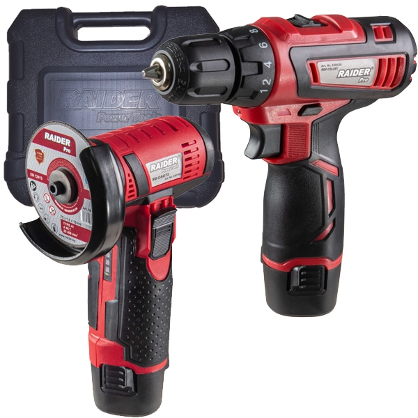 imagine Raider - RDP-CDLCAG03 - Masina de gaurit si insurubat + Polizor unghiular + 2 acumulatori, Li-Ion, 12 V, 2 Ah, valiza plastic