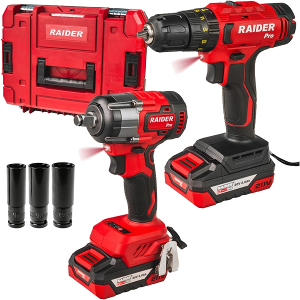 Raider - RDP-PCD20 + RDP-PBIW20 - Masina de gaurit si insurubat cu percutie, 44 Nm + Masina de insurubat cu impact, 320 Nm + Set 2 acumulatori si incarcator, Li-Ion, 20 V, 2 Ah + Valiza plastic Raider - RDP-PCD20 + RDP-PBIW20 - Masina de gaurit si insurubat cu percutie, 44 Nm + Masina de insurubat cu impact, 320 Nm + Set 2 acumulatori si incarcator, Li-Ion, 20 V, 2 Ah + Valiza plastic