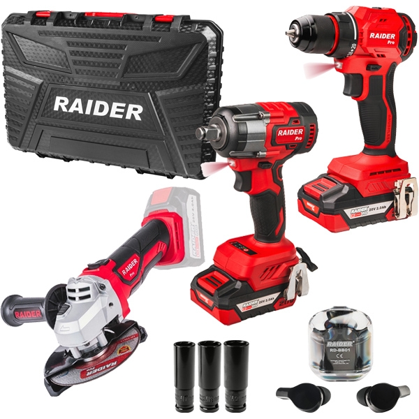 Raider - RDP-PBCDI20 + RDP-SPAG20 + RDP-PBIW20 + RD-BB02 - Masina de gaurit si insurubat cu percutie, 50 Nm + Polizor unghiular, 125 mm + Masina de insurubat cu impact, 320 Nm + Set 2 acumulatori, Li-Ion, 20 V, 2 Ah + casti + accesorii + Valiza plastic Raider - RDP-PBCDI20 + RDP-SPAG20 + RDP-PBIW20 + RD-BB02 - Masina de gaurit si insurubat cu percutie, 50 Nm + Polizor unghiular, 125 mm + Masina de insurubat cu impact, 320 Nm + Set 2 acumulatori, Li-Ion, 20 V, 2 Ah + casti + accesorii + Valiza plastic