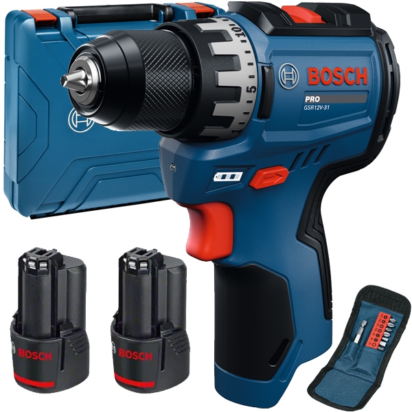 imagine Bosch - PRO GSR12V-31 - Masina de gaurit si insurubat cu 2 acumulatori si incarcator, Li-Ion, 12 V, 2 Ah, 50 Nm, valiza plastic, accesorii
