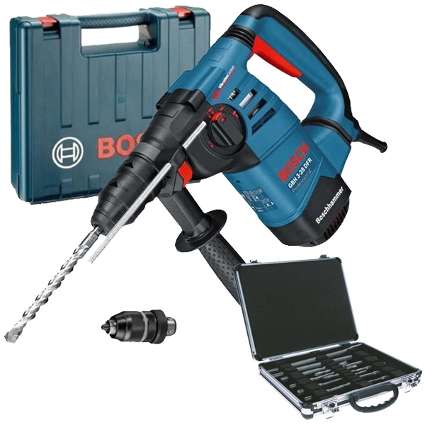 imagine Bosch - GBH 3-28 DFR + 2608579916 - Rotopercutor SDS-Plus, 800 W, 3.1 J, mandrina interschimbabila, valiza plastic + Set SDS-Plus, 9 burghie, 2 dalti,