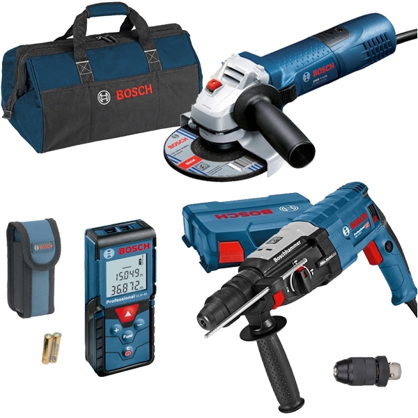 imagine Bosch - GBH 2-28 F + GWS 7-125 + GLM 40 - Rotopercutor SDS-Plus, 880 W, 3.2 J, valiza plastic + Polizor unghiular cu fir, 720 W, 125 mm + Telemetru la