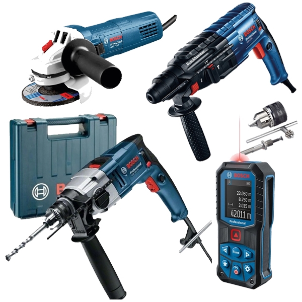 Bosch - Kit Renovare Apartament - Rotopercutor SDS-Plus, 790 W, 2.7 J + Masina de gaurit cu percutie, 800 W, 13 mm + Polizor unghiular cu fir, 750 W, 125 mm + Telemetru laser, 50 m