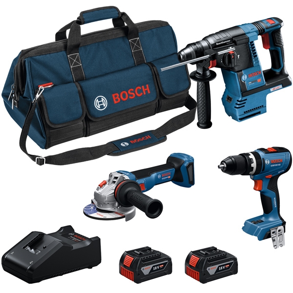 Bosch - GSB 18V-65 + GBH 18V-26 + GWS 18V-11 S - Masina de gaurit si insurubat cu percutie, 65 Nm + Rotopercutor SDS-Plus, 2.6 J + Polizor unghiular, 125 mm + Set 2 acumulatori si incarcator, Li-Ion, 18 V, 5 Ah + Geanta textila Bosch - GSB 18V-65 + GBH 18V-26 + GWS 18V-11 S - Masina de gaurit si insurubat cu percutie, 65 Nm + Rotopercutor SDS-Plus, 2.6 J + Polizor unghiular, 125 mm + Set 2 acumulatori si incarcator, Li-Ion, 18 V, 5 Ah + Geanta textila