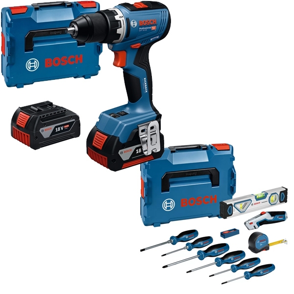 Bosch - GSR 18V-65 - Masina de gaurit si insurubat cu 2 acumulatori, Li-Ion, 18 V, 5 Ah, 65 Nm, valiza speciala + Trusa scule de mana mixta, 19 bucati Bosch - GSR 18V-65 - Masina de gaurit si insurubat cu 2 acumulatori, Li-Ion, 18 V, 5 Ah, 65 Nm, valiza speciala + Trusa scule de mana mixta, 19 bucati