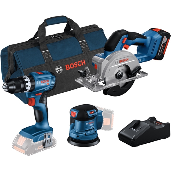 imagine Bosch - GSB 185-LI + GEX 185-LI + GKS 18V-51 - Masina de gaurit si insurubat cu percutie, 50 Nm + Slefuitor cu excentric, 125 mm + Fierastrau circular