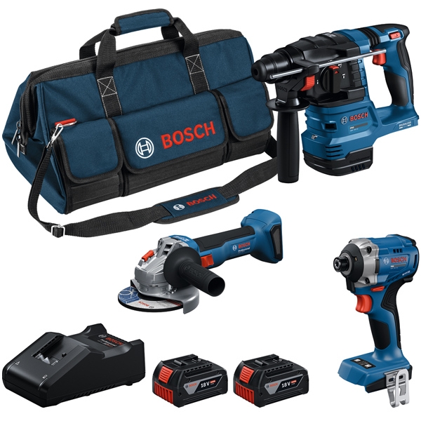 imagine Bosch - GDR 18V-215 + GBH 18V-22 + GWS 18V-8 - Masina de insurubat cu impact, 215 Nm, M6-M16 +Rotopercutor SDS-Plus, 1.9 J + Polizor unghiular, 125 mm