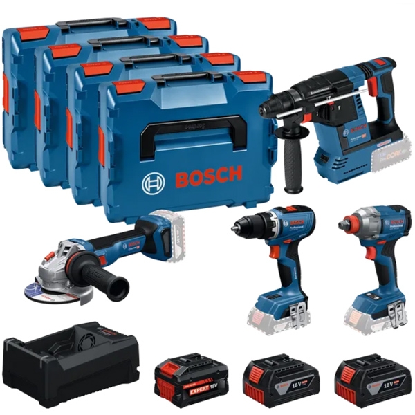 Bosch - GSR 18V-65 + GDX 18V-285 + GBH 18V-26 + GWS 18V-11 - Masina de gaurit si insurubat, 65 Nm + Masina de insurubat cu impact, patrat 1/2 inch si hexagon interior 1/4 inch, 285 Nm, M8-M18 + Rotopercutor SDS-Plus, 2.6 J + Polizor unghiular, 125 mm + Set 3 acumulatori si incarcator, Li-Ion, 18 V, 5/5.5 Ah, indicator nivel incarcare + 4 x Valiza speciala
