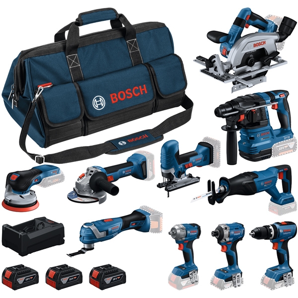 Bosch - 0615A500EH - Set 10 scule cu 3 acumulatori si incarcator, Li-Ion, 18 V, 5 Ah + geanta textila Bosch - 0615A500EH - Set 10 scule cu 3 acumulatori si incarcator, Li-Ion, 18 V, 5 Ah + geanta textila