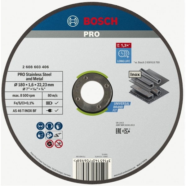 imagine Bosch - PRO Stainless Steel and Metal - Disc taiere inox si metal,  180x22.2x1.6 mm, 1 buc