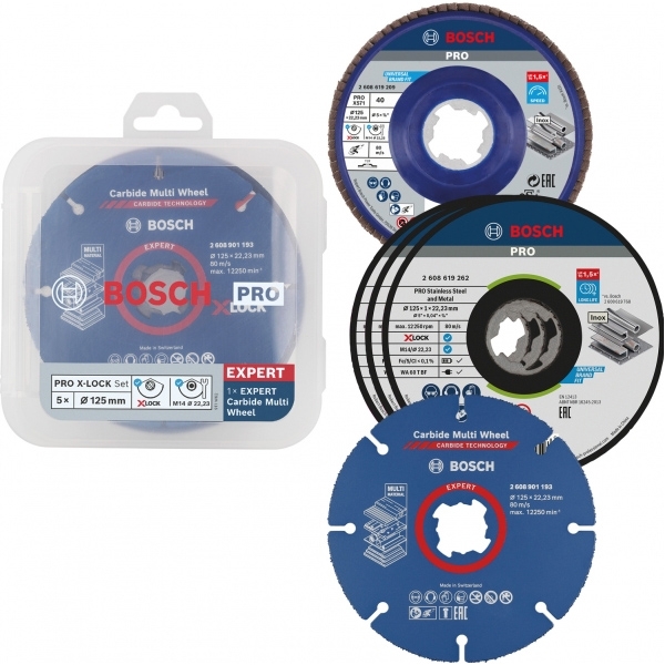 imagine Bosch - PRO Cutting and Grinding Set - Saiba taietoare, 125x22.2x1 mm+ 3 x Disc taiere inox, 125x22.2x1 mm + Disc lamelar, profil drept, 125x22.2 mm, 