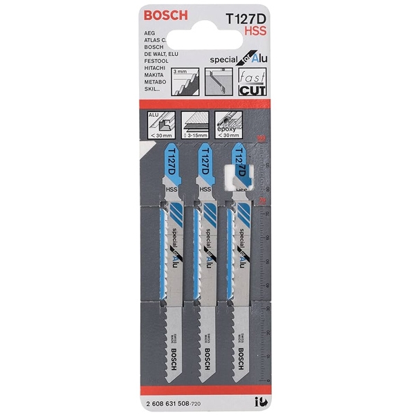 imagine Bosch - T 127 D - Set panze fierastrau pendular, tija cu un prag de prindere (T), 100 mm, aluminiu, taiere dreapta, fina, 3 bucati