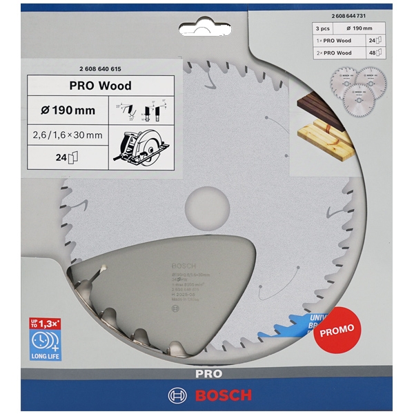 imagine Bosch - PRO Wood - Panza fierastrau circular, lemn, 190x30x2.6 mm, 24 dinti + 2 x Panza fierastrau circular, lemn, 190x30x2.6 mm, 48 dinti