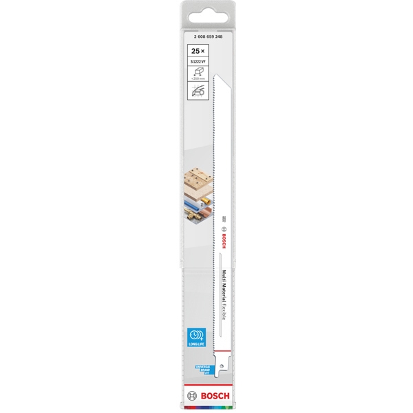 Bosch - Multi Material S 1222 VF - Set panze fierastrau sabie, bimetal, 300 mm, 10-14 dinti/inch, dantura progresiva, 25 bucati Bosch - Multi Material S 1222 VF - Set panze fierastrau sabie, bimetal, 300 mm, 10-14 dinti/inch, dantura progresiva, 25 bucati