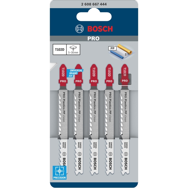 imagine Bosch - PRO Plastics PP clean T102D - Set panze fierastrau pendular, tija cu un prag de prindere (T), 100 mm, plastic, taiere dreapta, fina, 5 bucati