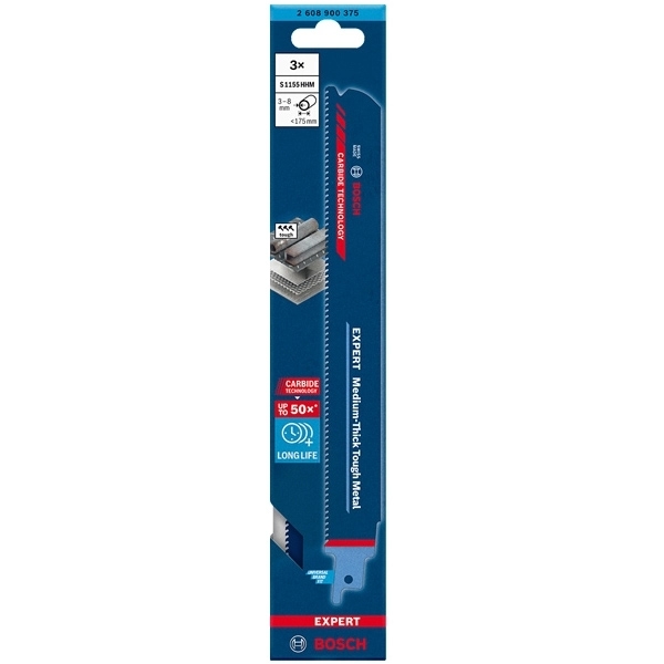 imagine Bosch - EXPERT Medium-Thick Tough Metal S1155HHM - Set panze fierastrau sabie, CT, 225 mm, 10 dinti/inch, dantura standard, 3 bucati