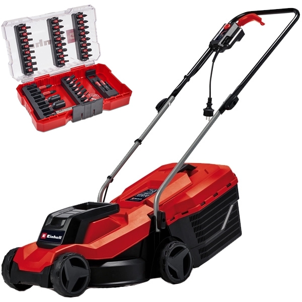 imagine Einhell - GC-EM 1000/32 + M-CASE - Masina de tuns iarba electrica, 1000 W, 32 cm, 30 l + Set capete de insurubare si chei tubulare, mixte, 39 bucati