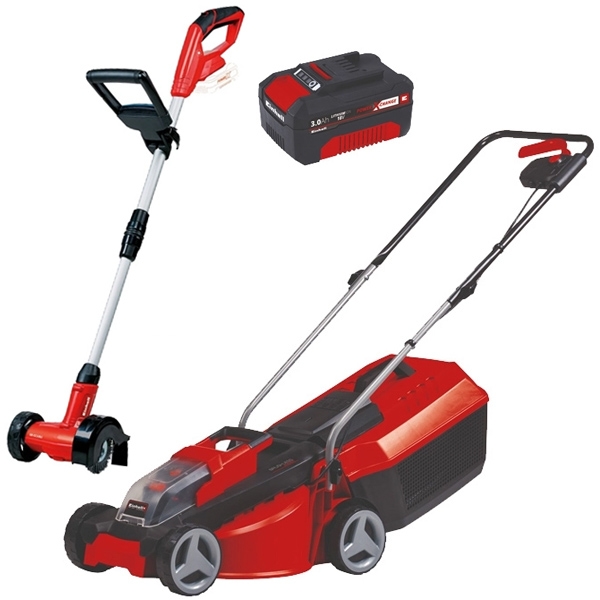 imagine Einhell - GE-CM 18/30 Li + GE-CC 18 Li PXC - Masina de tuns iarba cu 1 acumulator, Li-Ion, 18 V, 3 Ah, 30 cm, 25 l + Aparat de curatat rosturi si pava