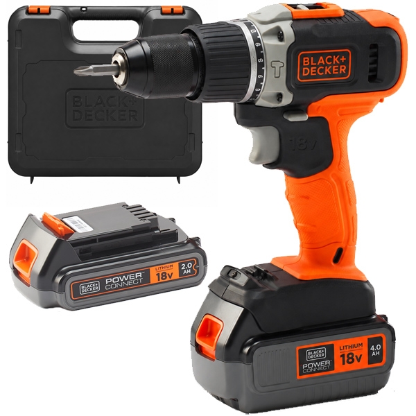imagine Black & decker - BCD003MEM2K - Masina de gaurit si insurubat cu percutie cu 2 acumulatori, Li-Ion, 18 V, 2/4 Ah, 45 Nm, led iluminare, valiza plastic