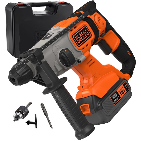 imagine Black & Decker - BCD900M1K - Rotopercutor SDS-Plus cu 1 acumulator, Li-Ion, 18 V, 4 Ah, 1.2 J, mandrina interschimbabila, valiza plastic, accesorii