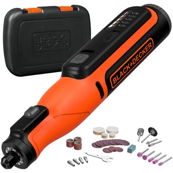 imagine Black & decker - BCRT8IK - Polizor drept  cu 1 acumulator si incarcator, Li-Ion, 7.2 V, 1.5 Ah, 0.8, 1.6, 2.4, 3.2 mm, valiza plastic, accesorii