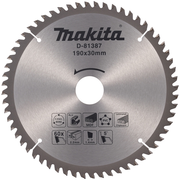 imagine Makita - D-81387 - Panza fierastrau circular, multimaterial, 190x30x2.2 mm, 60 dinti