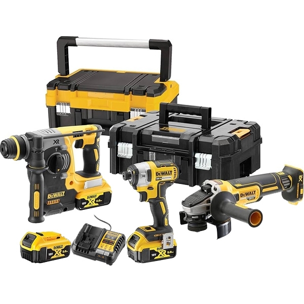 imagine DeWalt - DCF887N + DCH273N + DCG405N - Masina de insurubat cu impact, 205 Nm, M5-M14 + Rotopercutor SDS-Plus, 2.1 J + Polizor unghiular, 125 mm + Set 