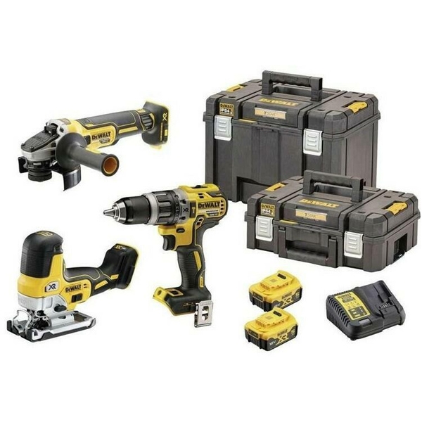 imagine DeWalt - DCD796N + DCS335N + DCG405N - Masina de gaurit si insurubat cu percutie, 70 Nm + Fierastrau pendular + Polizor unghiular, 125 mm + Set 2 acum