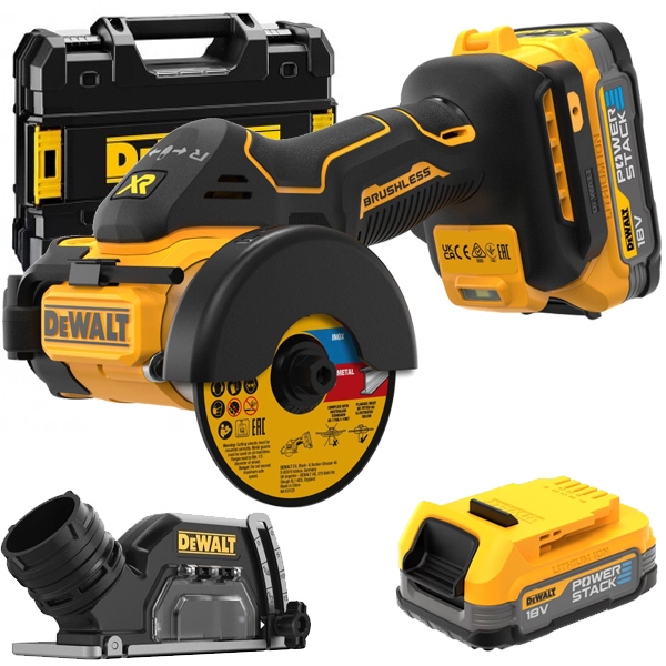 imagine DeWalt - DCS438E2T - Polizor unghiular cu 2 acumulatori, Li-Ion, 18 V, 1.7 Ah, 76 mm, valiza speciala, accesorii