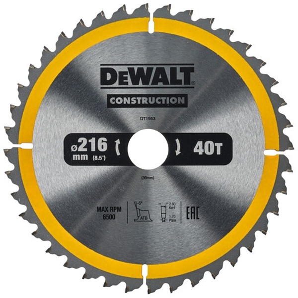 Dewalt - DT1953 - Panza fierastrau circular, lemn cu cuie, 216x30x2.6 mm, 40 dinti