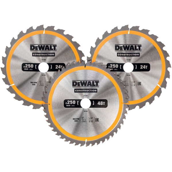 imagine DeWalt - DT1963 - Set 3 panze fierastrau circular, lemn cu cuie, 250x30x2.6 mm, 24/48 dinti