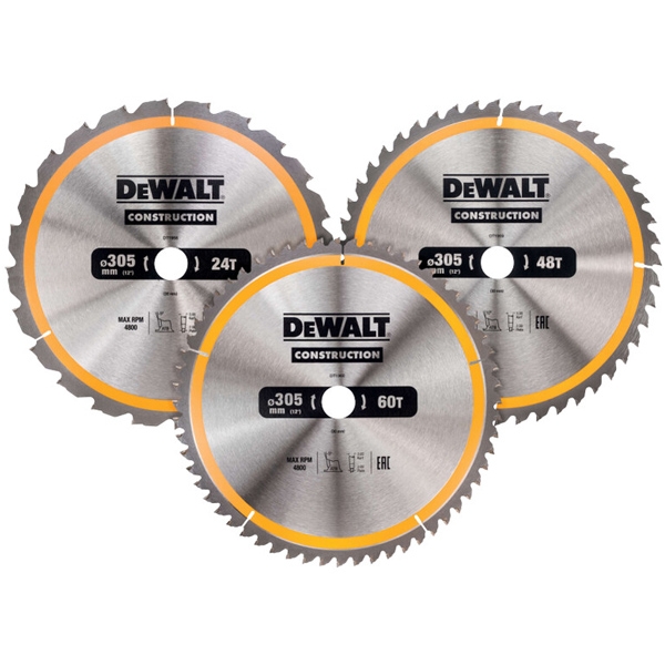 imagine DeWalt - DT1964 - Set 3 panze fierastrau circular, lemn cu cuie, 305x30x3 mm, 24/48/60 dinti