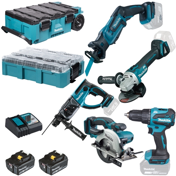 imagine Makita - KIT10514 - Set 5 scule cu 2 acumulatori si incarcator, Li-Ion, 18 V, 5 Ah + 2 x valiza speciala