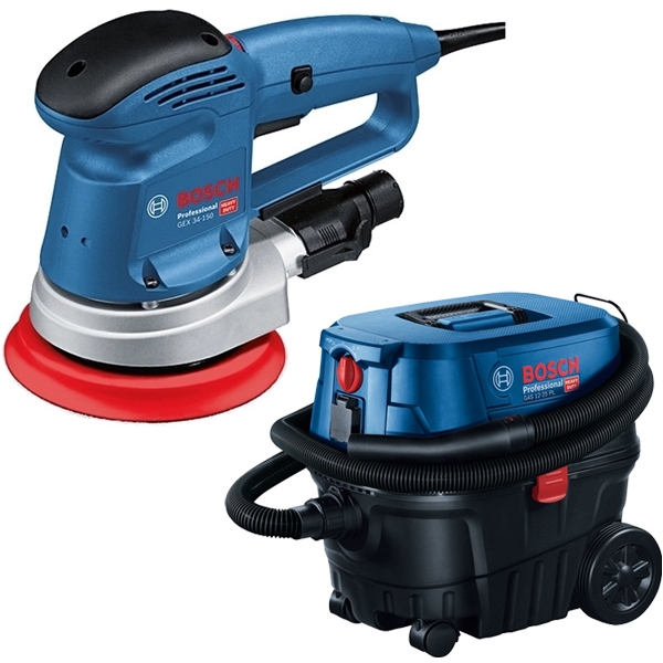 imagine Pachet Bosch - GEX 34-150 + GAS 12-25 PL - Slefuitor cu excentric, 340 W, 150 mm + Aspirator umed-uscat, 1250 W, 200 mbar, 25 l, priza scule electrice