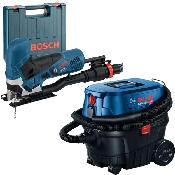 imagine Pachet Bosch - GST 90 E + GAS 12-25 PL - Fierastrau pendular, 650 W, valiza plastic + Aspirator umed-uscat, 1250 W, 200 mbar, 25 l, priza scule electr