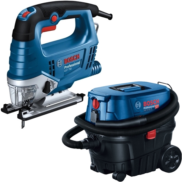 imagine Pachet Bosch - GST 750 + GAS 12-25 PL - Fierastrau pendular, 520 W + Aspirator umed-uscat, 1250 W, 200 mbar, 25 l, priza scule electrice