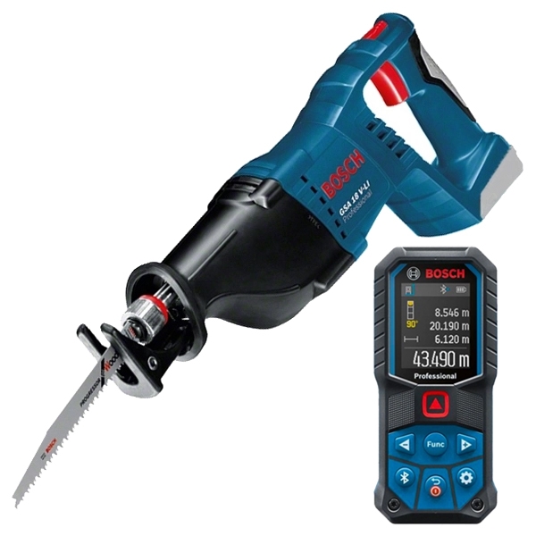 imagine Pachet Bosch - Scule Constructii - Fierastrau sabie, 18 V, - Ah, 28 mm + Telemetru laser, 50 m, 30 valori memorate