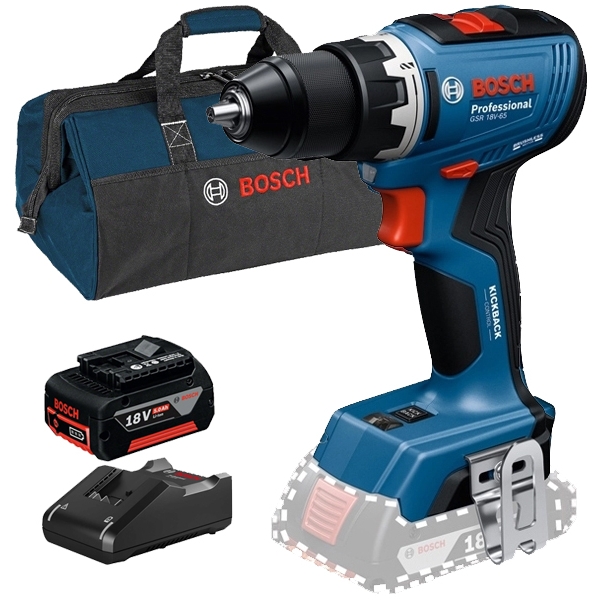imagine Pachet Bosch GSR 18V-65 + GBA + GAL 18V-40 + 1619BZ0100 - Masina de gaurit si insurubat, 63 Nm + Set 1 acumulator si incarcator, Li-Ion, 18 V, 5 Ah + 