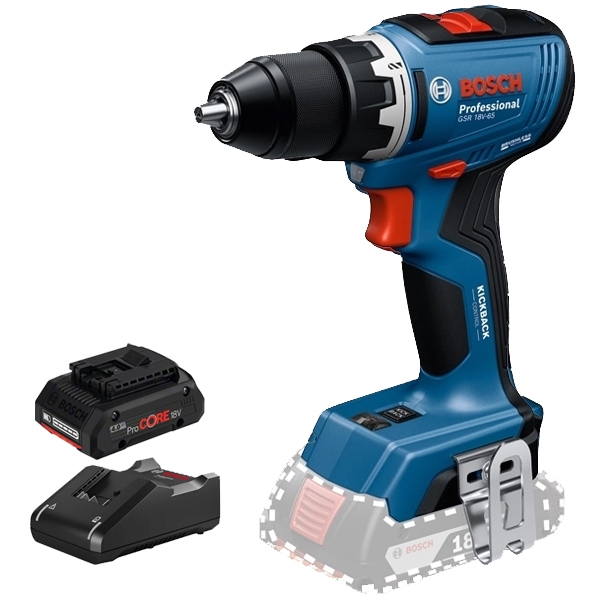 imagine Pachet Bosch - GSR 18V-65 + ProCORE + GAL 18V-40 - Masina de gaurit si insurubat, 63 Nm + Set 1 acumulator si incarcator, Li-Ion, 18 V, 4 Ah