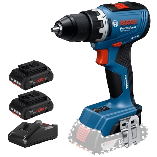 imagine Pachet Bosch GSR 18V-65 + 2x ProCORE + GAL 18V-40 - Masina de gaurit si insurubat, 63 Nm + Set 2 acumulatori si incarcator, Li-Ion, 18 V, 4 Ah + Geant