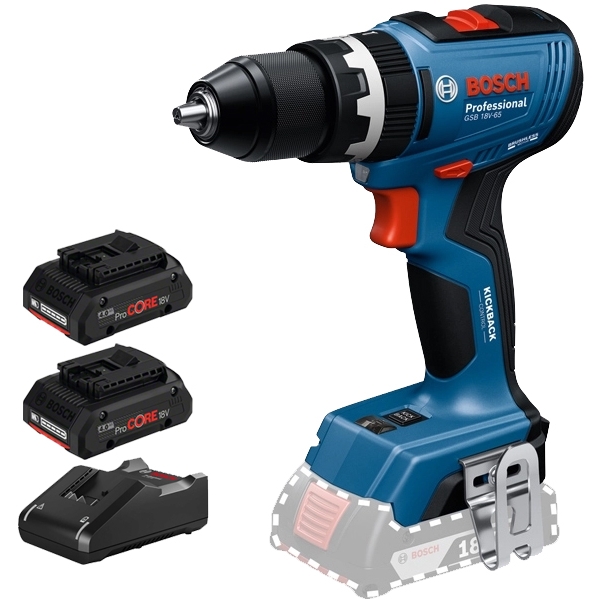 imagine Pachet Bosch - GSB 18V-65 + 2x ProCORE + GAL 18V-40 - Masina de gaurit si insurubat cu percutie, 65 Nm + Set 2 acumulatori si incarcator, Li-Ion, 18 V