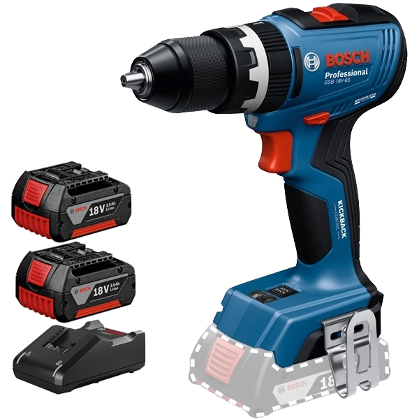 imagine Pachet Bosch - GSB 18V-65 + 2x GBA + GAL 18V-40 - Masina de gaurit si insurubat cu percutie, 65 Nm + Set 2 acumulatori si incarcator, Li-Ion, 18 V, 3 