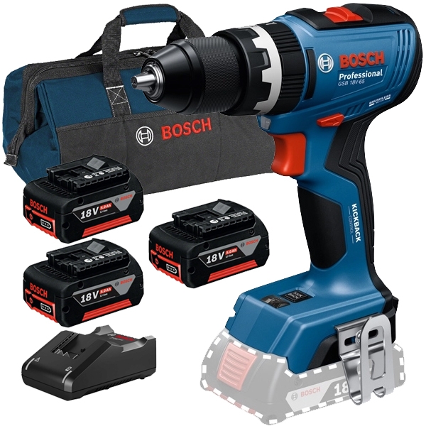 imagine Pachet Bosch - GSB 18V-65 + 3x GBA + GAL 18V-40 + 1619BZ0100 - Masina de gaurit si insurubat cu percutie, 65 Nm + Set 3 acumulatori si incarcator, Li-