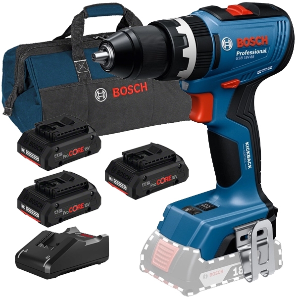 imagine Pachet Bosch - GSB 18V-65 + 3x ProCORE + GAL 18V-40 + 1619BZ0100 - Masina de gaurit si insurubat cu percutie, 65 Nm + Set 3 acumulatori si incarcator,