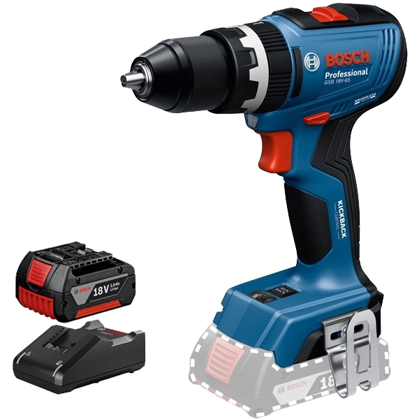 imagine Pachet Bosch - GSB 18V-65 + GBA + GAL 18V-40 - Masina de gaurit si insurubat cu percutie, 65 Nm + Set 1 acumulator si incarcator, Li-Ion, 18 V, 3 Ah