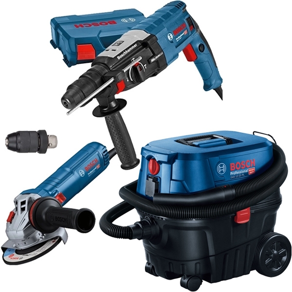 imagine Pachet Bosch - GBH 2-28 F + GWS 12-125 S + GAS 12-25 PL - Rotopercutor SDS-Plus, 880 W, 3.2 J, valiza plastic + Polizor unghiular cu fir, 1200 W, 125 
