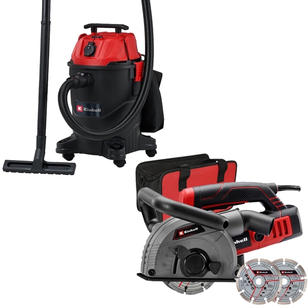 imagine Pachet Einhell - TE-MA 1500 + TC-VC 2555 A - Masina de debitat canale, 1500 W, 125x22.2 mm + Aspirator umed-uscat, 850 W, 180 mbar, 25 l, priza scule 
