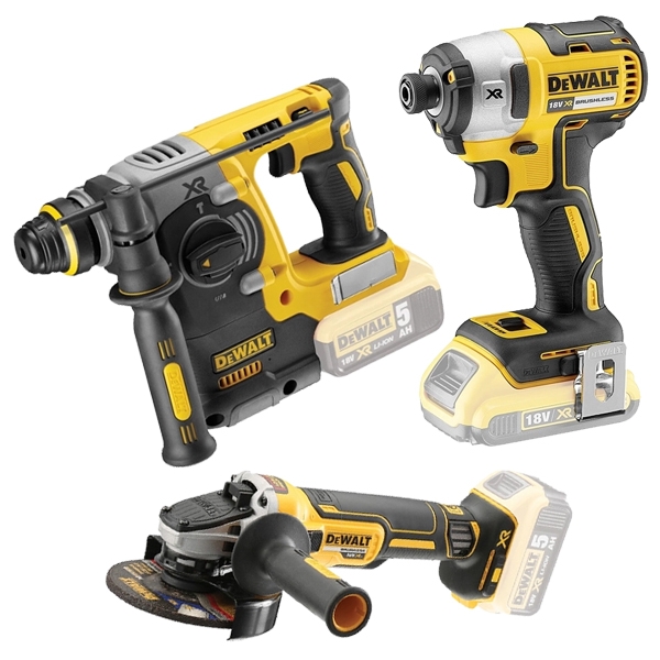 imagine Pachet DeWalt - DCG405N + DCH273N + DCF887N - Polizor unghiular, Li-Ion, 18 V, - Ah, 125 mm + Rotopercutor SDS-Plus, Li-Ion, 18 V, - Ah, 2.1 J + Masin