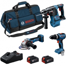 Bosch - GSB 18V-65 + GBH 18V-26 + GWS 18V-11 S - Masina de gaurit si insurubat cu percutie, 65 Nm + Rotopercutor SDS-Plus, 2.6 J + Polizor unghiular, 125 mm + Set 2 acumulatori si incarcator, Li-Ion, 18 V, 5 Ah + Geanta textila