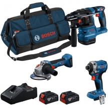 Bosch  GDR 18V-215 + GBH 18V-22 + GWS 18V-8 - Masina de insurubat cu impact, 215 Nm, M6-M16 +Rotopercutor SDS-Plus, 1.9 J + Polizo